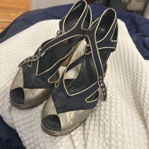 VINTAGE CHANEL gold leather and black strappy heels (size 39.5 - US 8.5)
